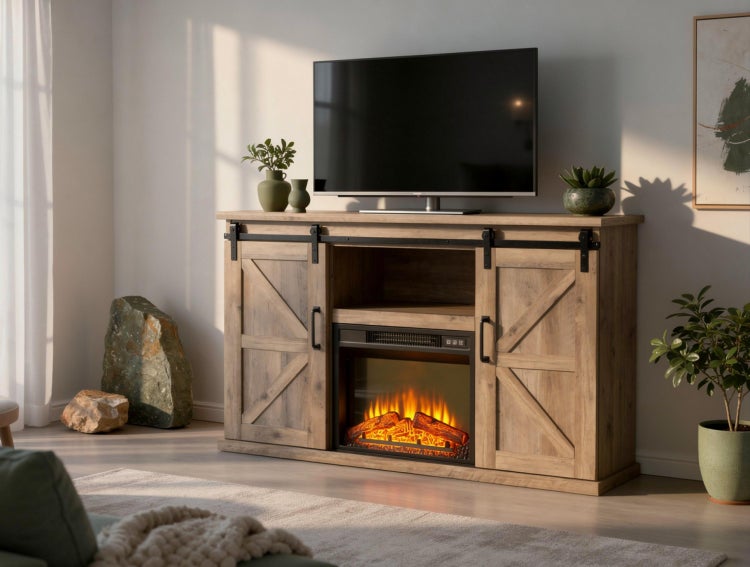 Wohnzimmer mit Kaminofen, TV-Möbeln und Dekorationen für eine gemütliche Atmosphäre