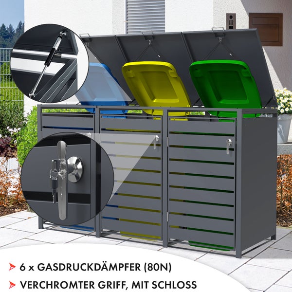 FLOORDIREKT Mülltonnenbox Magnus mit Edelstahlrahmen 198,5 x 80 x 116 cm - 3 Türen