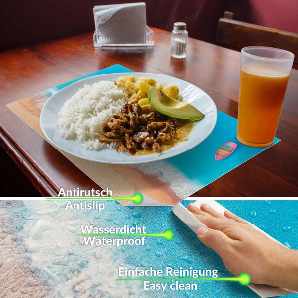 Tischset mit Strandmotiv auf Holztisch, rutschfest, wasserdicht und einfach zu reinigen.
