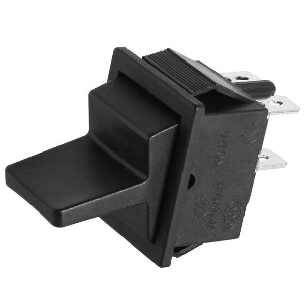 Schwarzer Wippschalter aus Kunststoff mit vier Metallanschlüssen, Modell KCD4.