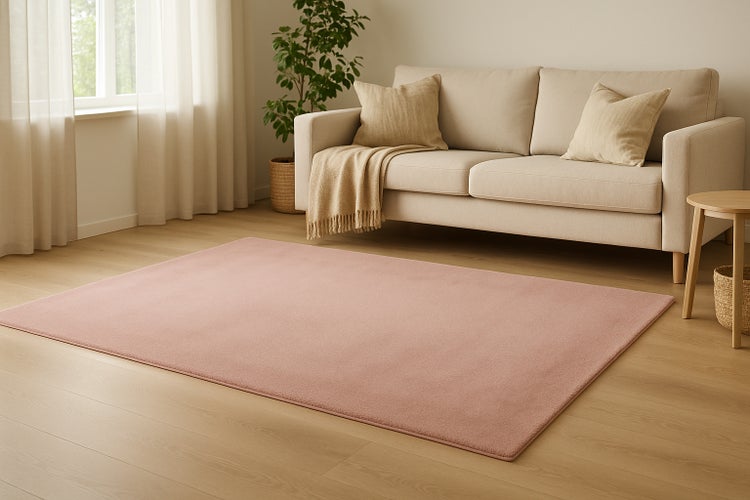 Ein unifarbener rechteckiger Teppich in einem Wohnzimmer mit Sofa, Pflanzen und hellem Holzboden.
