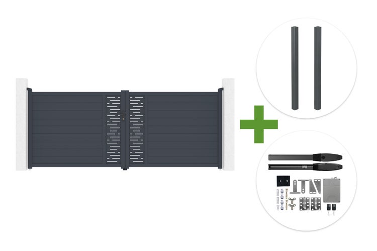Zweiflügeliges Einfahrtstor-Set inklusive Pfosten und elektrischem Torantrieb, Anthrazit, Lamellen-Design.