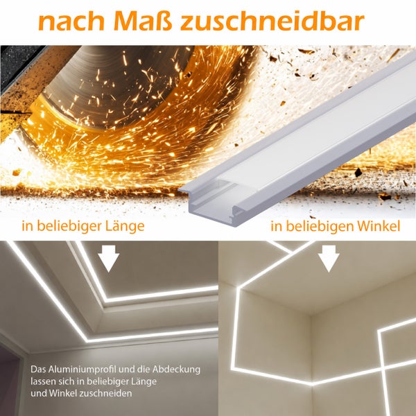 Aluminiumprofil für LED Streifen individuell zuschneidbar in Länge und Winkel für eine flexible Raumbeleuchtung.