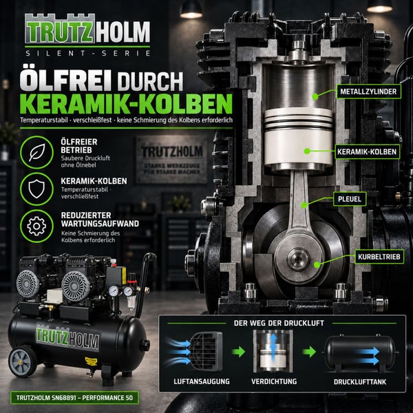 Trutzholm Kompressor Silent Serie mit ölfreiem Keramik-Kolben, Schnittdarstellung des Zylinders und Darstellung des Druckluft-Weges.
