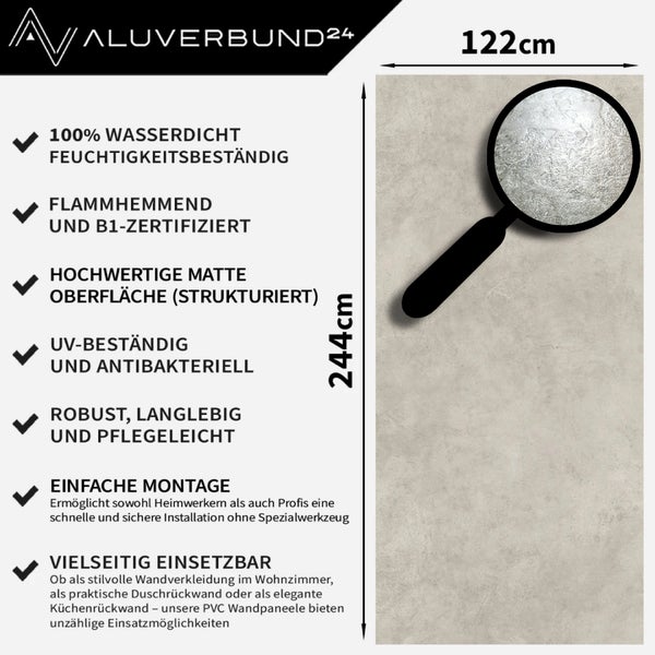 Aluverbund24 Wandpaneel mit den Maßen 122 cm Breite und 244 cm Höhe, gekennzeichnet als wasserdicht, feuchtigkeitsbeständig, schwer entflammbar, B1-zertifiziert, UV-beständig, antibakteriell, robust und pflegeleicht.
