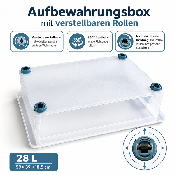 Durchsichtige Aufbewahrungsbox 28 Liter mit vier verstellbaren und in alle Richtungen rollbaren Rollen, Maße 59 mal 39 mal 18,5 Zentimeter.