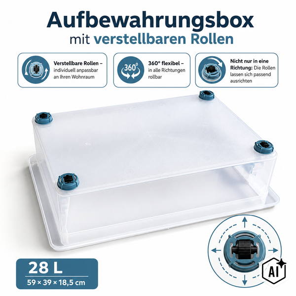 Durchsichtige Aufbewahrungsbox 28 Liter mit vier verstellbaren und in alle Richtungen rollbaren Rollen, Maße 59 mal 39 mal 18,5 Zentimeter.