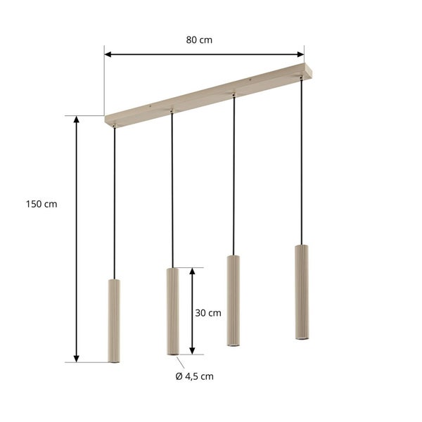 Vierflammige Pendelleuchte mit zylindrischen Leuchtenelementen, Maße achtzig Zentimeter Länge, dreißig Zentimeter Leuchtenhöhe und 4,5 cm Durchmesser