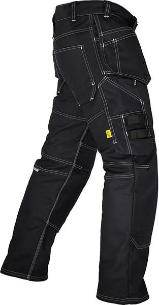 Schwarze Arbeitshose für Herren mit weißen Kontrastnähten, mehreren Werkzeugtaschen und Holstertaschen.