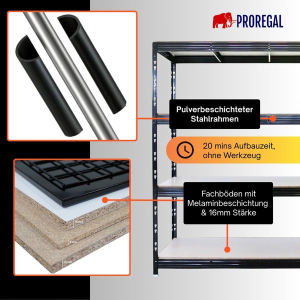 Proregal Logo. Regal: pulverbeschichteter Stahlrahmen, 16 Millimeter melaminbeschichtete Böden, werkzeugloser Aufbau in circa 20 Minuten.