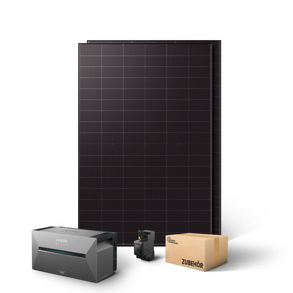 Balkonkraftwerk Komplettset mit zwei Solarmodulen, Anker SOLIX Speicher, Smart Meter und Zubehörbox von kleines kraftwerk.