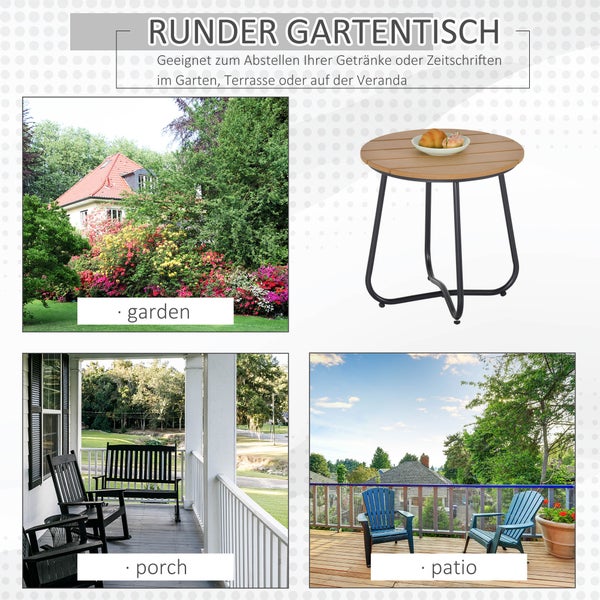 Collage mit einem runden Gartentisch, einem Garten, einer Veranda und einer Terrasse