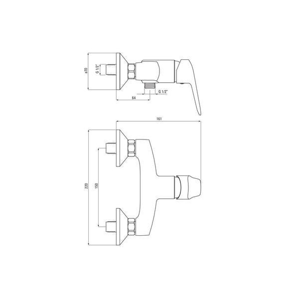 Technische Zeichnung einer Armatur mit Massangaben