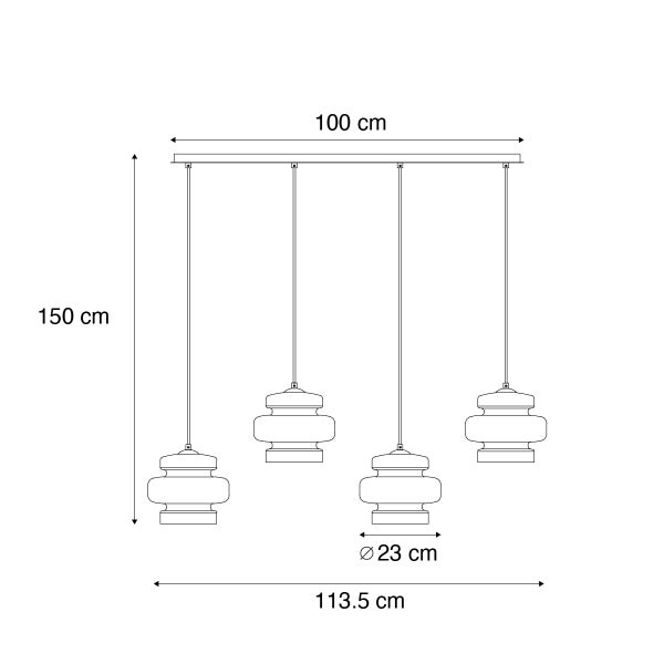Technische Zeichnung einer Pendelleuchte mit vier Lampen und Maßangaben.