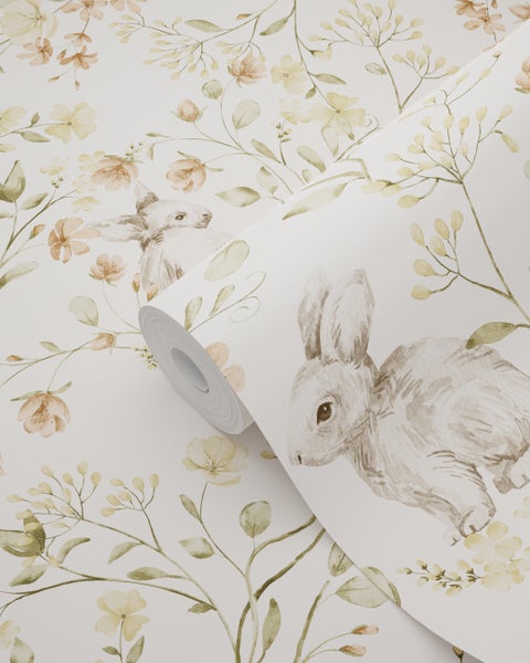 Tapetenrolle mit Blumen- und Hasenmuster