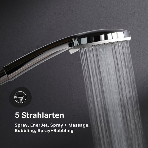 Handbrause mit 5 Strahlarten Spray, EnerJet, Spray und Massage, Bubbling sowie Spray und Bubbling im Einsatz mit laufendem Wasser.