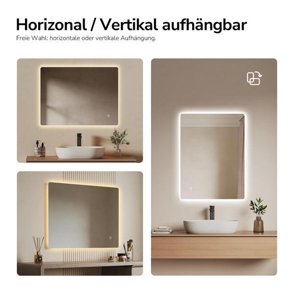 LED Badezimmerspiegel mit Hintergrundbeleuchtung, horizontal und vertikal montierbar, über Waschbecken und Schminktisch dargestellt.