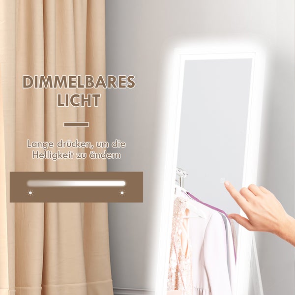 HOMCOM Ganzkörperspiegel 40 x 160 cm Standspiegel mit LED Lichte, Wandspiegel mit Touch-Steuerung, Bodenspiegel für Schlafzimmer, Wohnzimmer, Weiß