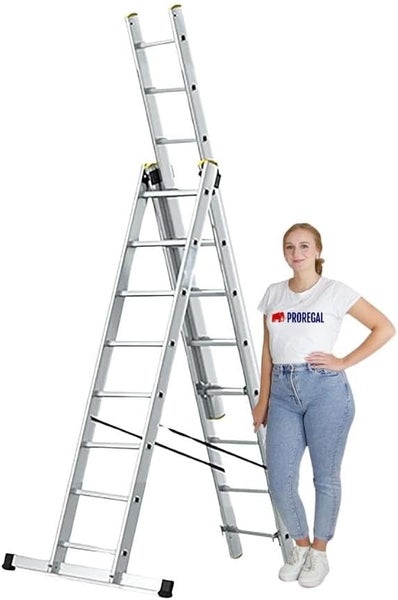 PROREGAL Sprossen-Mehrzweckleiter Economy Plus 3-Teilig mit Traverse 3 x 8 Sprossen Arbeitshöhe 5,05 m Traglast 150 kg