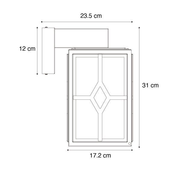 Maßskizze einer Außenwandleuchte: Gesamthöhe 31 Zentimeter, Breite 23,5 Zentimeter, Korpusbreite 17,2 Zentimeter, Wandhalterung 12 Zentimeter.