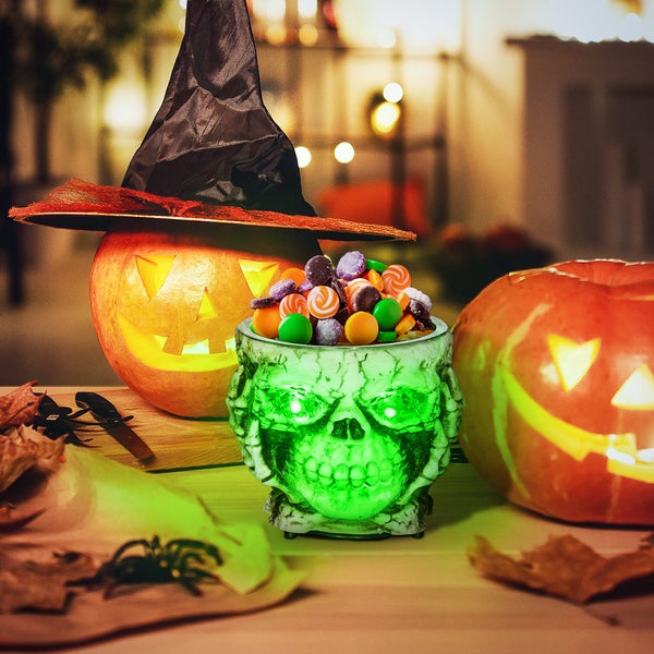HOMCOM Halloween Dekoration Garten Skelett Decoration elektrisch Skelett-Utensilien mit Leuchtenden Augen und Furchteinflößendem Klang, Ø16cm, Edelstahl