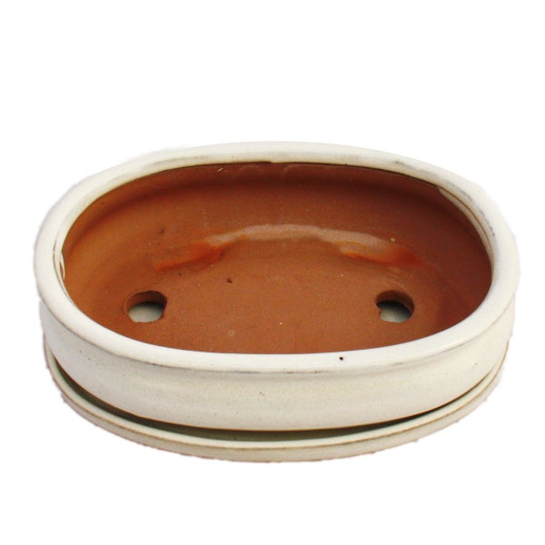 Bonsai-Schale mit Unterteller Gr. 3 - hellbeige - oval - Modell O47 - L 19cm - B 13,5cm - H 5cm