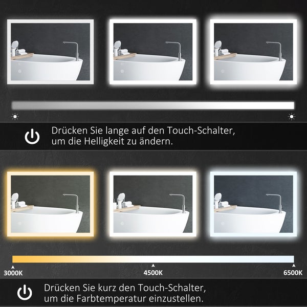 kleankin Badspiegel, Badezimmerspiegel mit LED-Beleuchtung, Lichtspiegel mit Touchschalter, Memory-Funktion, 70 x 50 cm beschlagfreier Wandspiegel mit 3 Lichtfarben, IP44 Wasserdicht