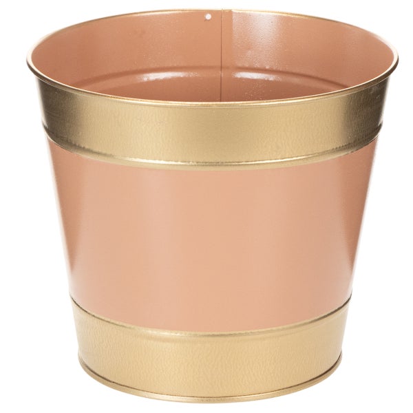 Runder Blumentopf aus Metall in Eimerform, zweifarbig in Gold und Pfirsich.