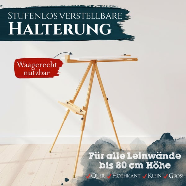 Stufenlos verstellbare Holz Staffelei für Leinwände bis 80 Zentimeter Höhe, waagerecht und senkrecht nutzbar.