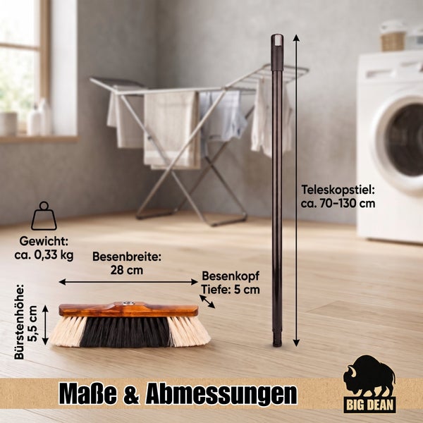 Produktbild mit Maßangaben eines Besens mit Teleskopstiel, Besenkopf und Details zu Gewicht, Besenbreite, Besenkopftiefe und Bürstenhöhe.