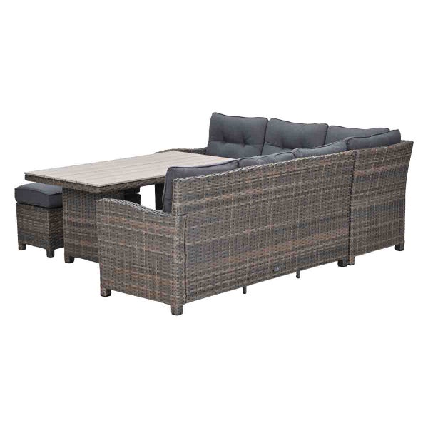 Garten-Lounge-Set aus Polyrattan mit Ecksofa, Esstisch und Hocker inklusive Polsterauflagen.