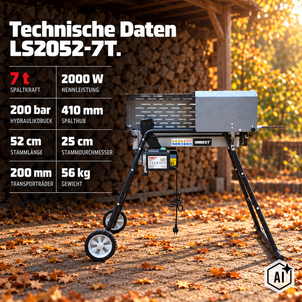 Holzspalter Onbest LS2052-7T mit 7 Tonnen Spaltkraft, 2000 Watt Leistung und technischen Daten in einer herbstlichen Gartenumgebung.