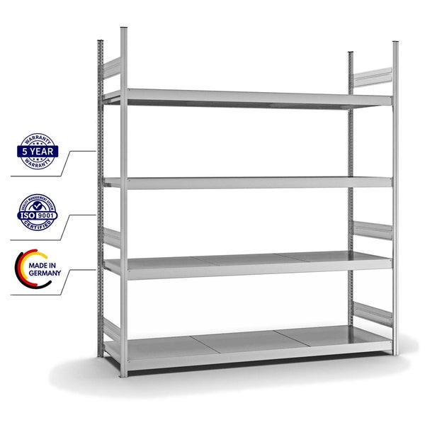 PROREGAL Weitspannregal Stecksystem T-Profil Grundregal HxBxT 250x225x60 cm 4 Ebenen Stahlplatten Fachboden Fachlast 350 kg Verzinkt