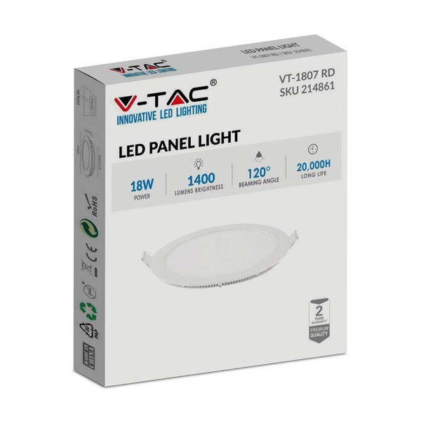 Verpackung einer runden V-TAC LED-Panel-Leuchte mit 18 Watt Leistung und 1400 Lumen Helligkeit