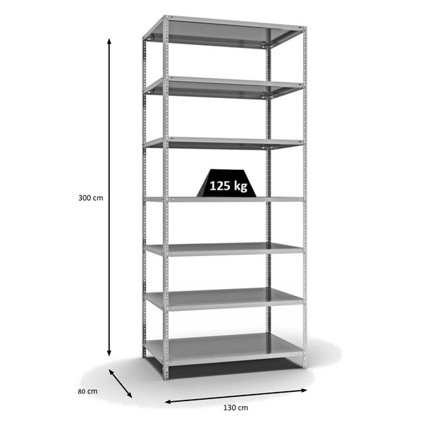 PROREGAL Fachbodenregal Schraubsystem Light-Duty Grundregal HxBxT 300 x 130 x 80 cm 7 Ebenen Fachlast 125 kg Beidseitig Nutzbar Verzinkt