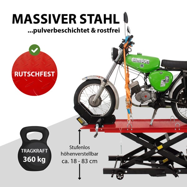 Motorrad auf einer Hebebühne aus massivem Stahl mit Pulverbeschichtung, rutschfester Oberfläche und einer Tragkraft von 360 kg, stufenlos höhenverstellbar zwischen 18 und 83 cm