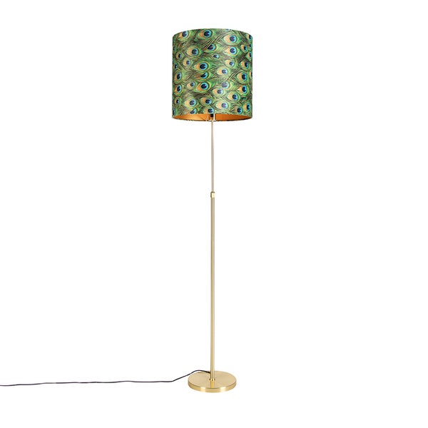 QAZQA - Klassisch I Antik Stehleuchte I Stehlampe I Standleuchte I Lampe I Leuchte Gold I Messing I Messing mit Veloursschirm Pfau 40I40 cm - Parte I Wohnzimmer I Schlafzimmer - Stahl Zylinder I Längl