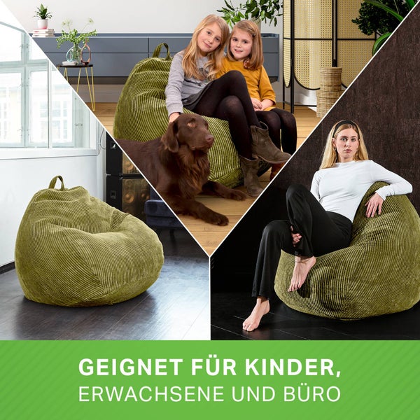 Green Bean Indoor Sitzsack 90x110cm EPS-Perlen Füllung & Cordstoff Kuschelig Weich Waschbar - Drinnen Bodenkissen Liegekissen Sitzkissen Sitzhocker Relax-Sessel Kinder Erwachsene Stoff Grün