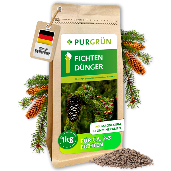 Eine Packung Purgrün Fichtendünger mit einem Kilogramm Inhalt, geeignet für zwei bis drei Fichten, mit Magnesium und Tonmineralien.
