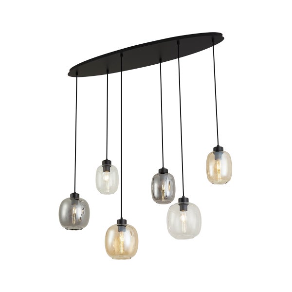 Sechsflammige Pendelleuchte mit ovaler schwarzer Deckenplatte und kieselsteinförmigen Glasschirmen in Klar, Rauchgrau und Bernstein.