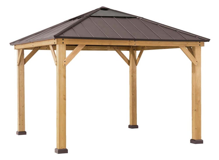 Gartenpavillon aus Holz mit dunklem Metalldach und vier stabilen Pfosten.