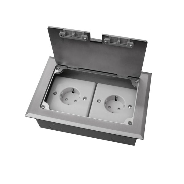 Bodeneinbausteckdose mit zwei Schutzkontaktsteckdosen und Klappdeckel aus Metall zum Einbau in den Boden