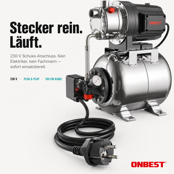 ONBEST Hauswasserwerk aus Edelstahl mit 230 Volt Schuko-Anschluss und 100 Zentimeter langem Kabel.