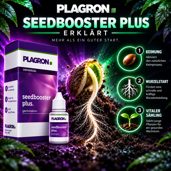 Plagron Seedbooster Plus Produktinformation zur Keimungsbeschleunigung und Wurzelentwicklung bei Pflanzen.