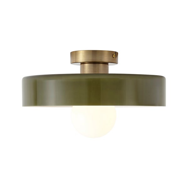 Moderne Deckenleuchte mit rundem Metallschirm und einer zentralen Glaskugel als Lichtquelle in Metalloptik