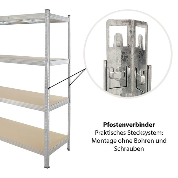 Regalsystem mit Werkzeugkoffer, Leiter und Lagerkartons