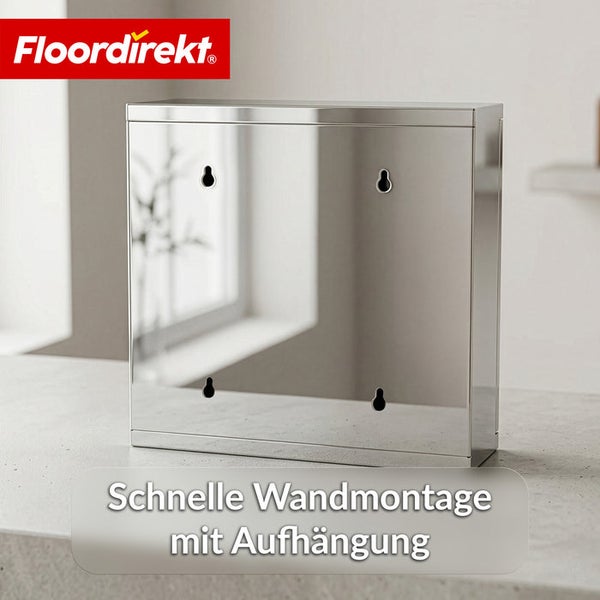 Floordirekt Logo. Rückseite eines Schranks aus Edelstahl mit vier Aufhängelöchern für eine schnelle Wandmontage.