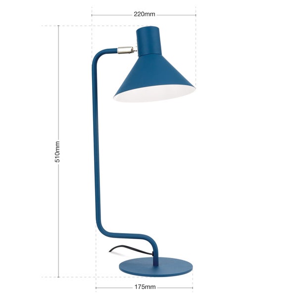 Blaue Schreibtischlampe mit den Maßen 510 mm Höhe, 220 mm Breite und 175 mm Durchmesser