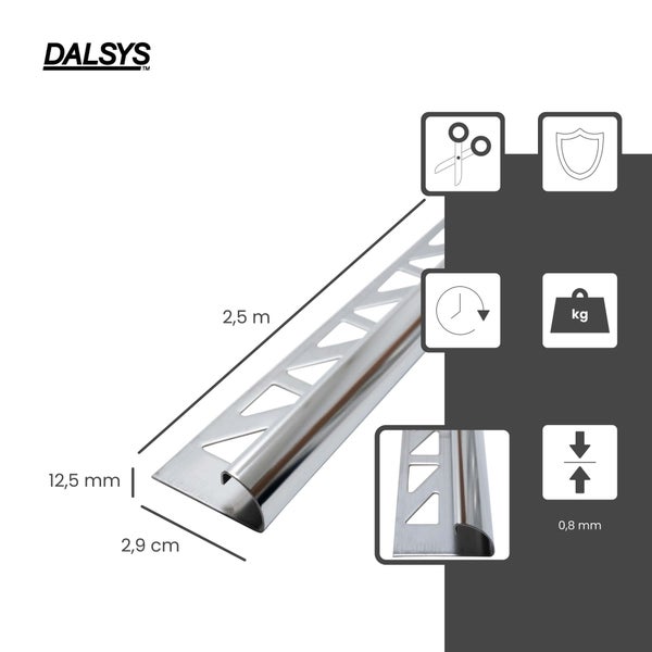 Dalsys Logo, Viertelkreisprofil aus Edelstahl mit Maßen 2,5 Meter, 12,5 Millimeter und 0,8 Millimeter Materialstärke. Symbole für zuschneidbar, langlebig und geringes Gewicht.