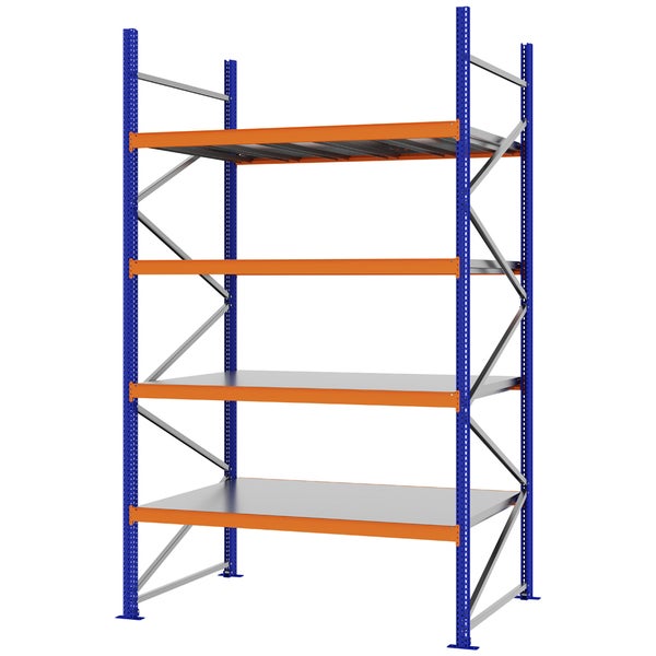 Weitspannregal aus Metall mit vier Ebenen, blauen Ständern und orangefarbenen Traversen.